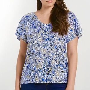 Rafaella Blue and White Paisley Short Sleeve Top